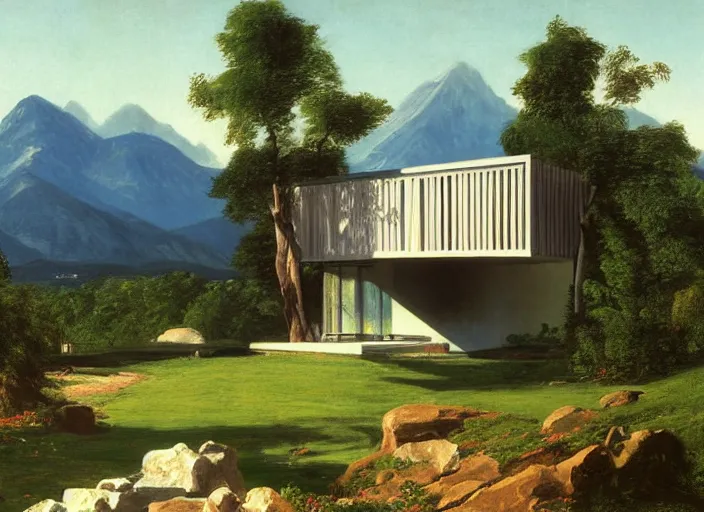 Prompt: painting of a richard neutra house in front of beautiful mountains by thomas cole