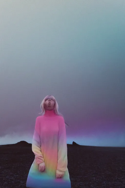 Image similar to high quality pastel coloured film close up wide angle photograph of a model wearing clothing resting on cloud furniture in a icelandic black rock environment in a partially haze filled dreamstate world. three point light, rainbow. photographic production. art directed. pastel colours. volumetric clouds. pastel gradient overlay. waves glitch artefacts. extreme facial clarity. 8 k. filmic.