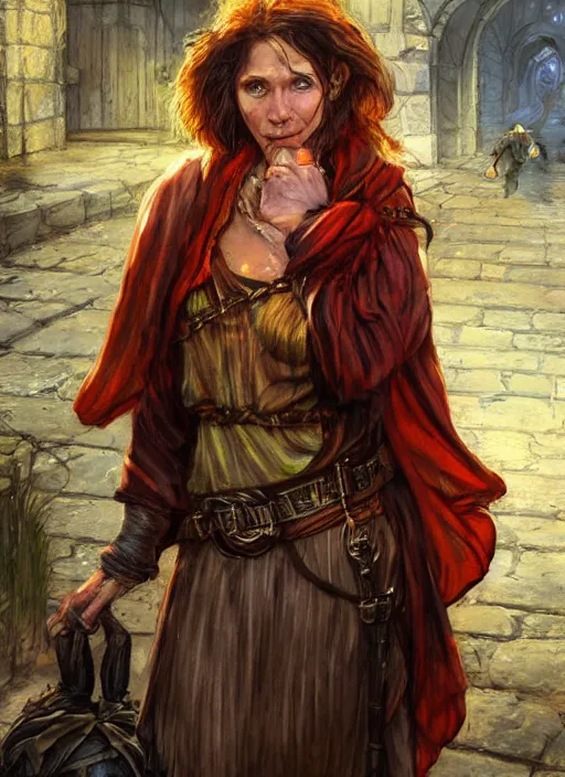 Image similar to female poor beggar on the streets, ultra detailed fantasy, dndbeyond, bright, colourful, realistic, dnd character portrait, full body, pathfinder, pinterest, art by ralph horsley, dnd, rpg, lotr game design fanart by concept art, behance hd, artstation, deviantart, hdr render in unreal engine 5