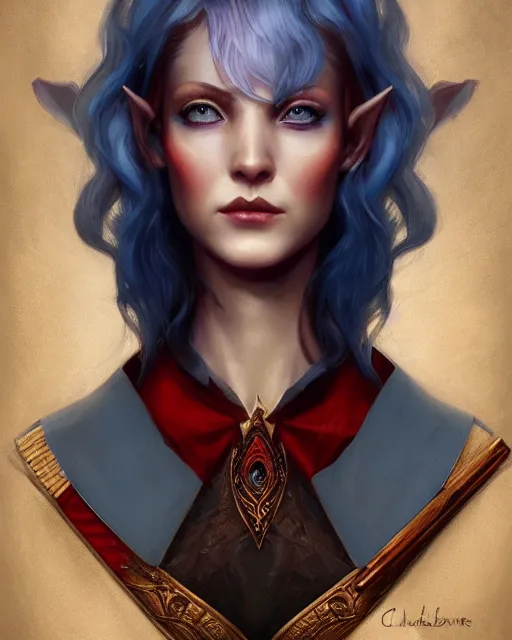 Prompt: A detailed matte oil on canvas head on symmetrical portrait of a distinguished elven woman with blue and red hair, by Charlie bowater and lise deharme wlop, trending on artstationhd, dungeons and dragons art, critical role