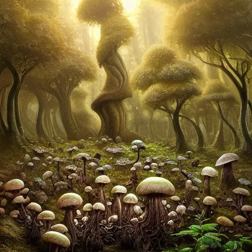 Prompt: A beautiful hyper realistic detailed concept art of a fractal eldritch mushroom forest with morels at foreground and amanitas and puffballs and spores by Andreas Rocha and John Howe and Dan Mumford and Albert Bierstadt, ultrawide angle, artstation, pinterest