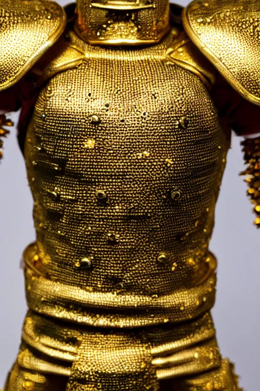 Prompt: high detail close up photography of ancient gold saiyan space armor.