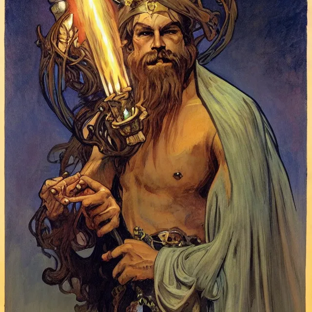 Image similar to an aesthetic! a detailed portrait of a man in a long beard, with a crown, holding a lantern by frank frazetta and alphonse mucha, oil on canvas, art nouveau dungeons and dragons fantasy art, hd, god rays, ray tracing, crisp contour lines, huhd