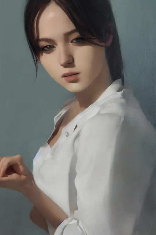 Image similar to a ultradetailed beautiful portrait panting of a stylish woman sitting in a bath, she is wearing a white shirt with a tie, oil painting, by ilya kuvshinov, greg rutkowski and makoto shinkai