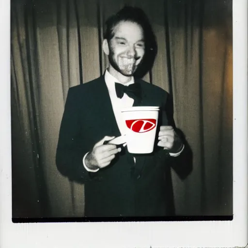 Image similar to polaroid photo of the happiest man in the world eating kfc