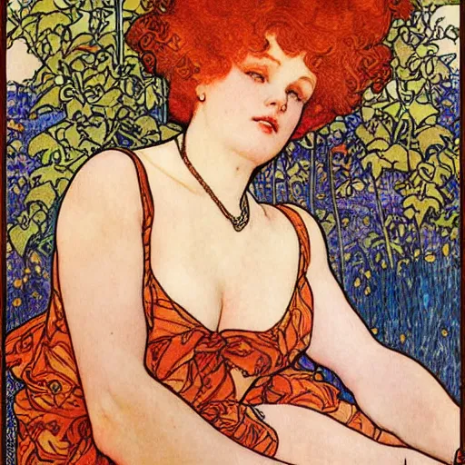 Image similar to redhead poster drawn by Verneuil, mucha, henri gillet, William Morris, John Henry Dearle, klimt