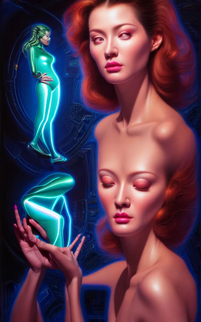 Image similar to beauty woman in holograms of alien artifacts, electrical case display, total recall tech, , ultrarealistic, dramatic lighting, electrical details, high details, 4k, 8k, best, accurate, trending on artstation, artstation, photorealism, ultrarealistic, digital painting, style of Tristan Eaton Stanley Artgerm and Hajime Sorayama, Caravaggio, Boris Vallejo