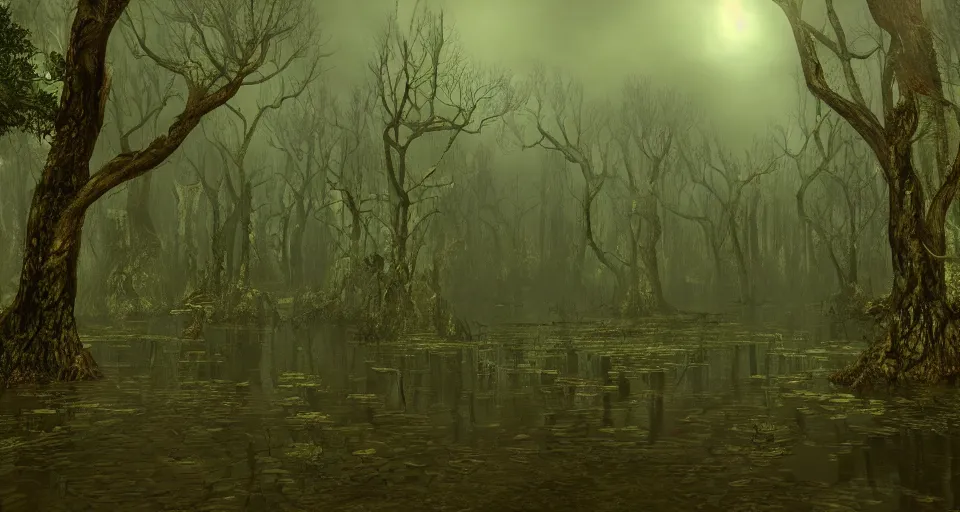 Image similar to A dense and dark enchanted forest with a swamp, from Guild Wars