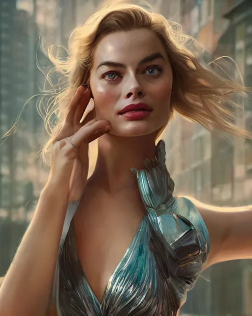 Image similar to Head and shoulders film still of margot robbie by wlop, rossdraws, Alberto Vargas, mingchen shen, arney freytag, artstation, fantasy photoshoot, urban jungle, fashion pose, octane, 4k