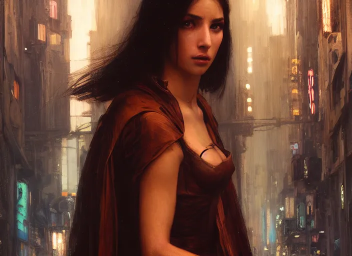 Image similar to maria the android evading blade runner ( blade runner 2 0 4 9, dystopian, cyberpunk 2 0 7 7 character design ). orientalist portrait by john william waterhouse and james gurney and theodore ralli and nasreddine dinet, oil on canvas. cinematic, hyper realism, realistic proportions, dramatic lighting, high detail 4 k