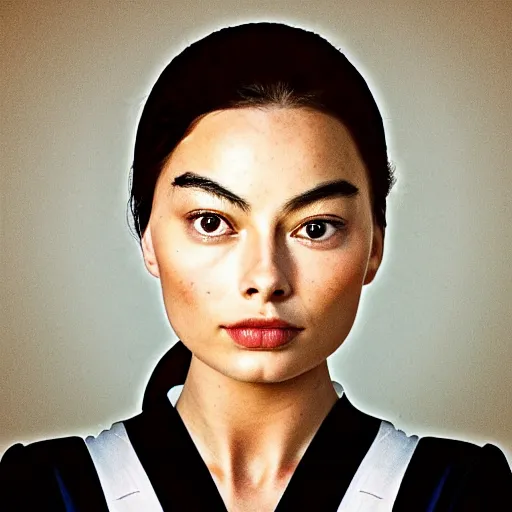 Prompt: a masterpiece portrait photo of a beautiful young woman who looks like an asian margot robbie, symmetrical face