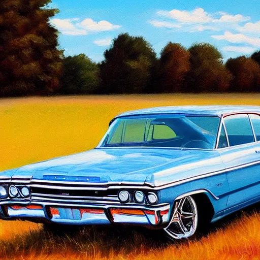 Prompt: chrome impala in a field, oil on canvas, extremely detailed masterpiece