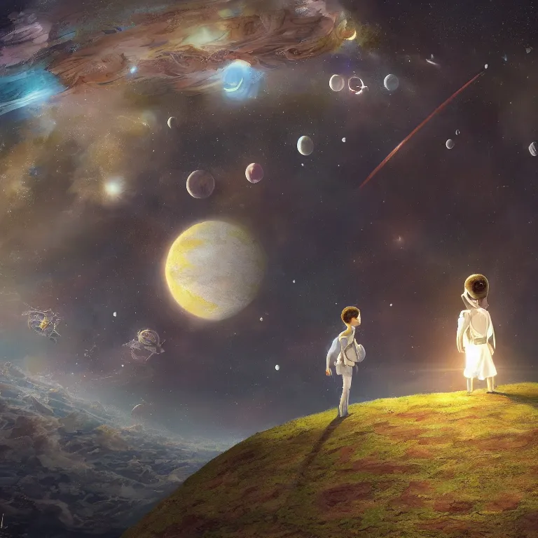 Prompt: a beautiful painting about of the story follows a single young prince who visits various planets in space, including earth, and addresses themes of loneliness, friendship, love, and loss, 8 k resolution, hdr, highly detailed