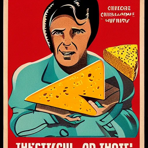 Image similar to a dystopian cheesy soviet poster praising the power of cheese
