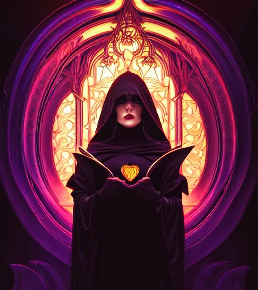 Image similar to book cover, front portrait, dark witch with black hood and evil eyes, realism, soft, smooth, luminescent, art nouveau tarot, backlit glow, colorful swirly ripples, gaudy colors, aesthetic octane render, unreal engine, 8 k, by artgerm, greg rutkowski, alphonse mucha