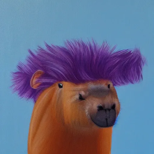 Image similar to painting of a capybara with a purple wig