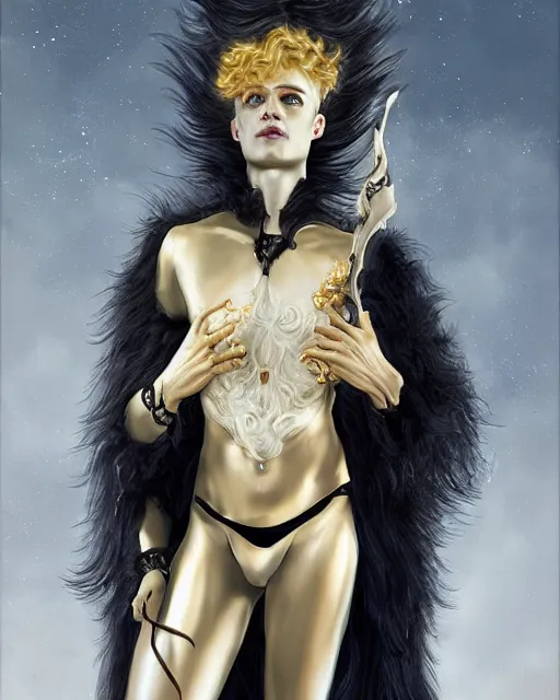 Prompt: Lucius as an androgynous albino prince in a black gilded obsidian bodysuit, long fluffy golden blonde curly hair, symmetrical center parted curtain bangs, digital painting, sci-fi setting, symmetrical features, Daniel Gerhartz, high detail intricate, artstation, WLOP, Artgerm, J. Scott Campbell; Olivia De Berardinis, Daniel Gerhartz, jack kirby, mysterious vibes