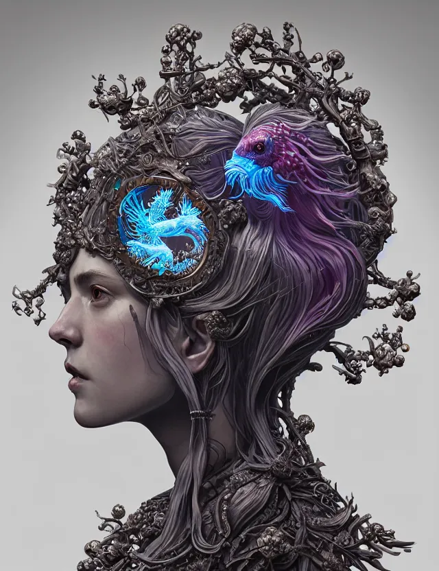 Image similar to symmetrical, centered, zbrush sculpt of goddess close-up portrait wigh crown made of skulls. phoenix betta fish, phoenix, bioluminiscent creature, super intricate ornaments artwork by Tooth Wu and wlop and alena aenami and greg rutkowski