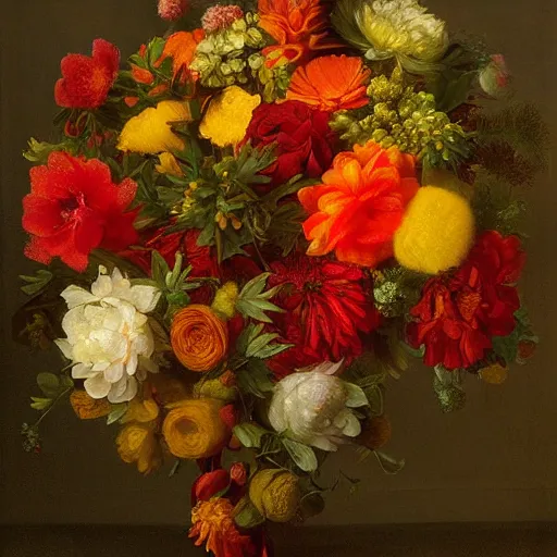 Image similar to lush floral bouquet in reds oranges yellows greens by rachel ruysch