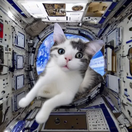 Image similar to Photo of a cat floating inside the ISS, realistic award-winning