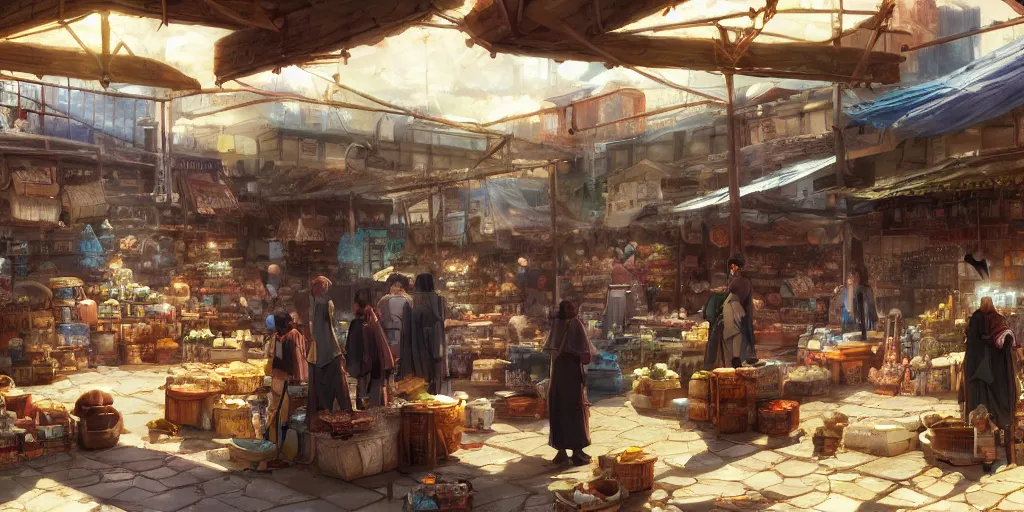 Image similar to biblical marketplace by makoto shinkai