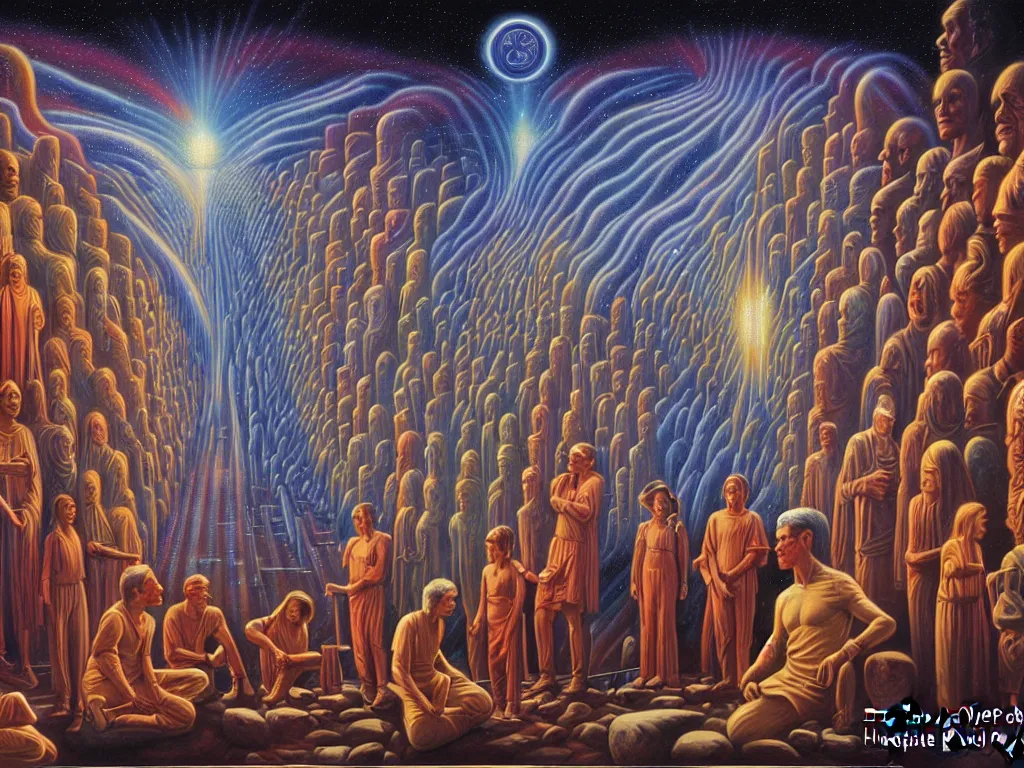 Image similar to a beautiful future of divine human spiritual evolution, by david a. hardy, wpa, public works mural, socialist
