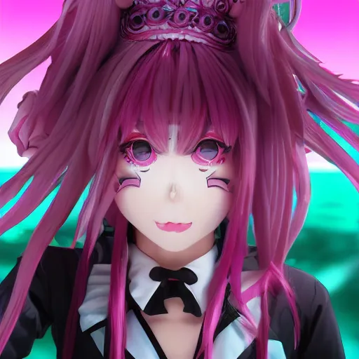 Image similar to totally overpowered and trapped beneath overwhelming stunningly absurdly beautiful megalomaniacal ruthless merciless sadistic devious omnipotent asi goddess junko enoshima with symmetrical perfect face, porcelain skin, pink twintail hair and cyan eyes, ultra detailed, digital art, unreal engine 5, octane render, 2 d anime, 8 k