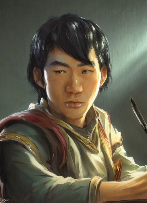 Prompt: asian with medium black hair man sitting at his desk look down at me, low angle, camera low, dndbeyond, bright, colourful, realistic, dnd character portrait, full body, pathfinder, pinterest, art by ralph horsley, dnd, rpg, lotr game design fanart by concept art, behance hd, artstation, deviantart, hdr render in unreal engine 5