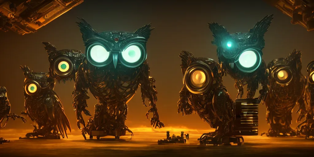 Prompt: an giant evil, malevolent, cyborg owls looking at a computer, surrounded by computer screens. steampunk. this 4 k hd image is trending on artstation, featured on behance, well - rendered, extra crisp, features intricate detail and the style of unreal engine. volumetric lighting octane render