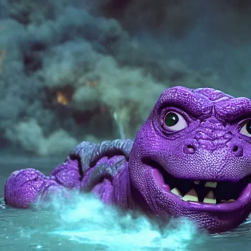 Prompt: Barney the purple dinosaur drowning in lava clutching the one ring, high resolution movie still, film by Peter Jackson