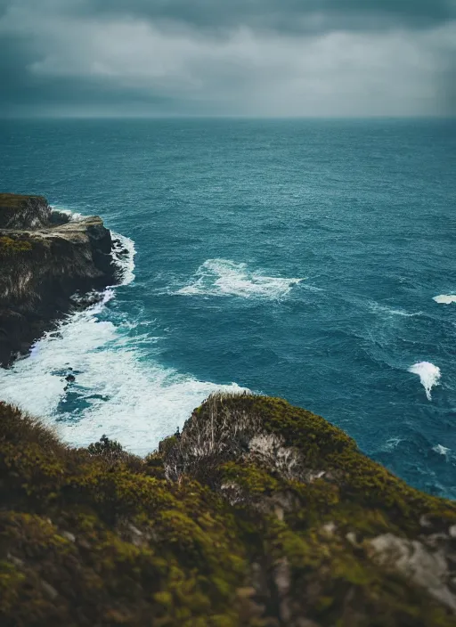 Image similar to a view of the ocean from a cliff, a tilt shift photo by liam wong, unsplash, naturalism, cinematic view, terragen, shot on 7 0 mm