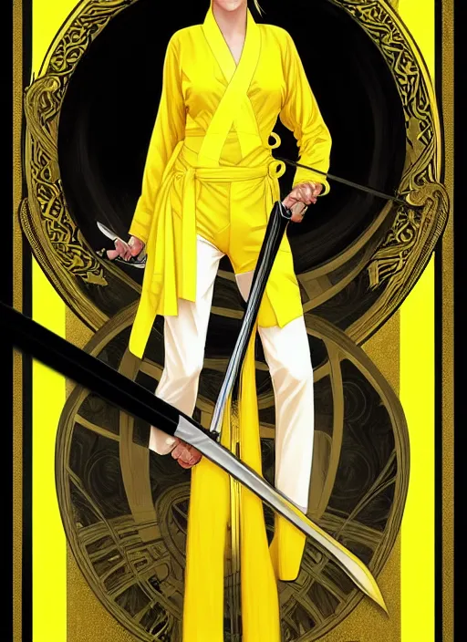 Image similar to uma thurman in kill bill, rococo and art nouveau fusion, swinging reflective katana, yellow jumpsuit with black stripe, highly detailed, deep focus, elegant, digital painting, smooth, sharp focus, illustration, ultra realistic, japanese art by artgerm and alphonse mucha