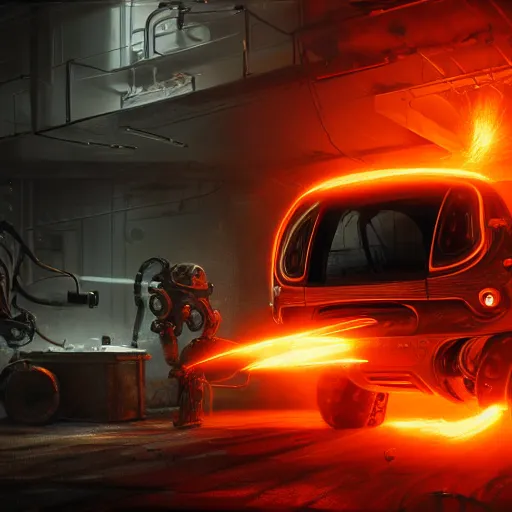 Prompt: toaster oven robot, mechanical, machine, octane render, sharp focus, hyper - realistic, intricate, detailed, eduard pronin, luka mivsek, ruan jia, dark messy smoke - filled cluttered workshop, dark, dramatic lighting, orange tint, sparks, cinematic, highly detailed, sci - fi, futuristic, movie still