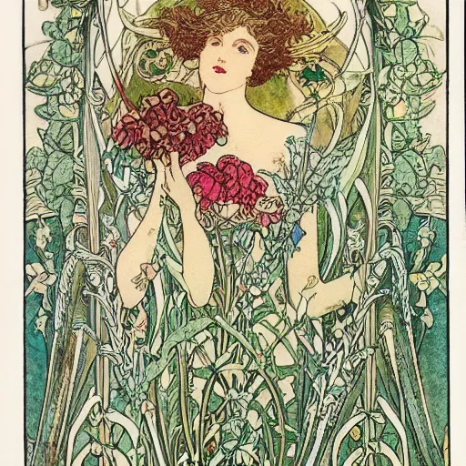 Prompt: a sharp, detailed, intricate, art nouveau floral fantasy illustration by walter crane, edmund dulac, arthur rackham, and mucha