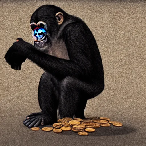 Image similar to a chimpanzee picking up pennies in a street while a steamroller is headed towards him, dramatic lighting, highly detailed digital painting