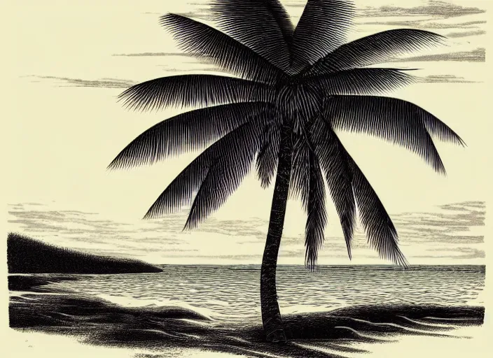 Image similar to a beautiful wood engraving on paper of a beach with coconut palms