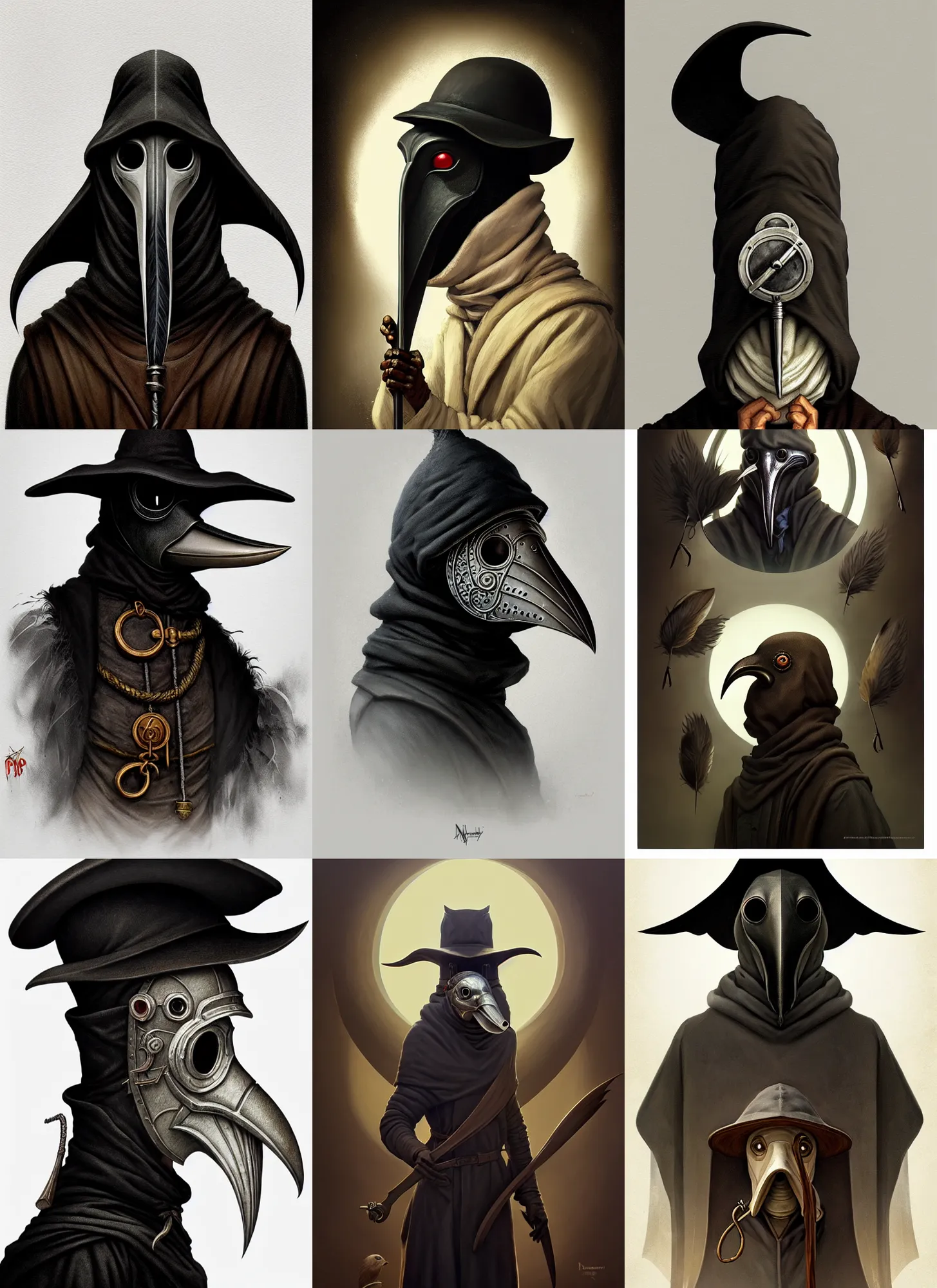 Prompt: rpg! profile!! portrait of plague doctor on white background, beak, feathers, intricate, highly detailed, digital painting, artstation, concept art, smooth, sharp focus, illustration, art by norman rockwell emiliano ponzi andrey remnev yoann lossel aaron jasinski, 8 k