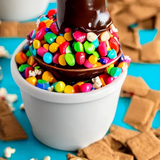 Prompt: a sundae made of 🍬 made of 🍪 made of 🍿 made of 🍭 made of 🎉 made of 🌮 made of 🍝 made of 🍫