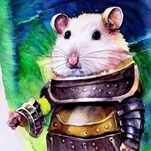 Image similar to hamster warrior, wearing armor, holding sword, watercolor painting