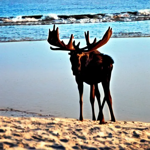 Image similar to photo of a moose at the beach in Tel Aviv, 50mm, beautiful photo