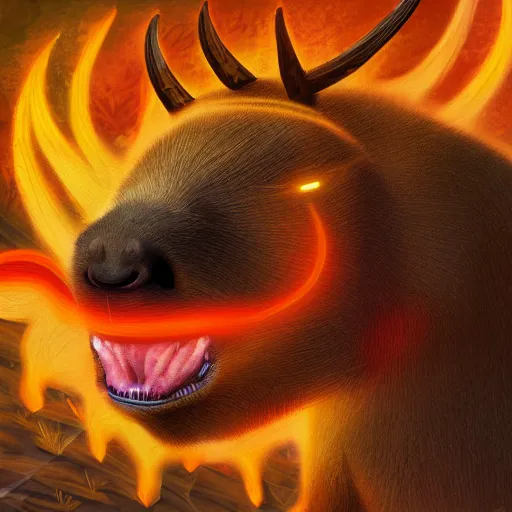 Prompt: a detailed digital painting of a capybara mixed with a demon god in hell