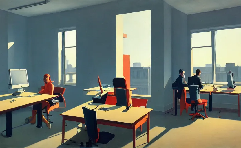 Image similar to Inside an office room with computers, very coherent, painted by Edward Hopper, Wayne Barlowe, painted by James Gilleard, airbrush, art by JamesJean