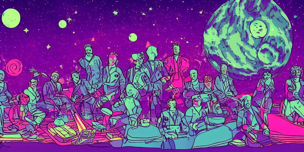 Image similar to twelve astronauts sitting by the river with a big holiday cake + psychedelic vegetation + purple, pink, blue + planets and stars + mystical fog, vintage sci - fi style of the 5 0 s, rule of the third!!!!, line graphics, 8 k, super detail, high quality