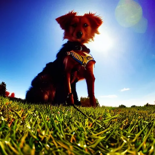 Image similar to Selfie of a dog sitting in a beautifully vivid park, while the sun shines brightly on the fur of the dog, subsurface scattering, first-person view, fisheye!!!!!! lens, photorealistic imagery, trending on artstation, 4k, 8k