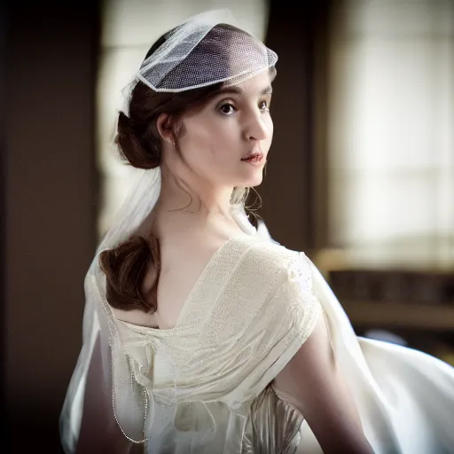 Image similar to close up photo of a beautiful young woman in a wedding dress with Canon 50mm/F1.4, dramatic daylight, downton abbey, bridgerton, 4k, featured on artstation