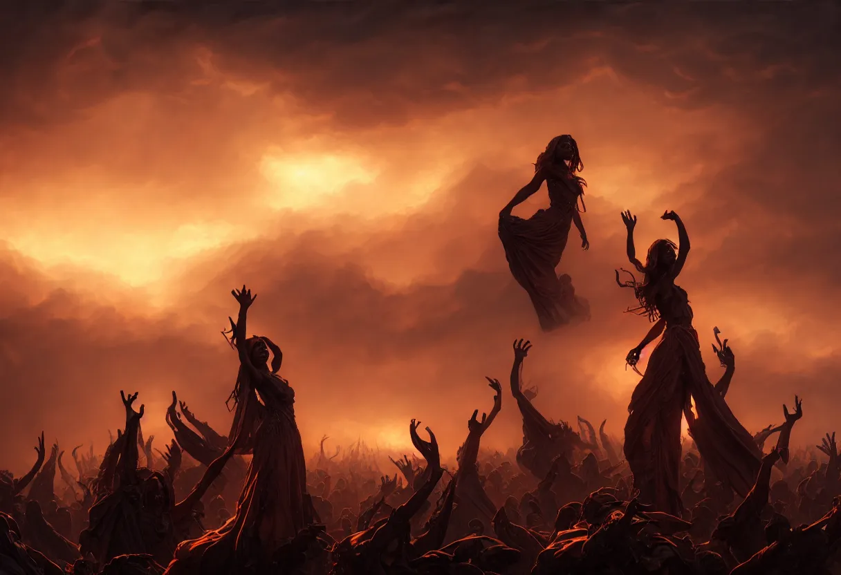 Image similar to dark burning sky with suffering shadows of dead humans with arms outstretched towards the sky,, fantasy, intricate, elegant, highly detailed, digital painting, artstation, concept art, smooth, sharp focus, octane render, dramatic lighting, volumetric lighting, cinematic lighting, art by artgerm and greg rutkowski and alphonse mucha and wlop