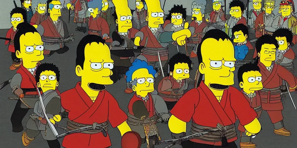 Prompt: akira kurosawa's seven simpsons samurai, digital artwork, photo, movie still, photorealistic.