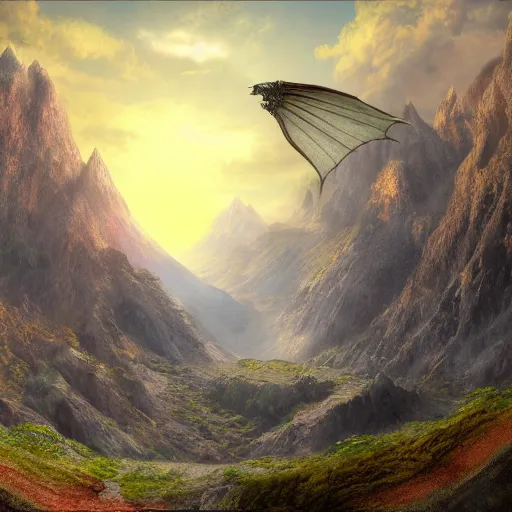 Prompt: matte painting of a red dragon flying over a valley with small villages