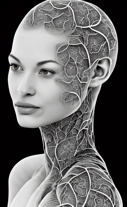 Prompt: a black and white 3D render of a beautiful profile face portrait of a female vegetal-dragon-cyborg, 150 mm, orchid stems, ivy, fine vegetal lace, Mandelbrot fractal, anatomical, flesh, facial muscles, microchip, veins, arteries, full frame, microscopic, elegant, highly detailed, flesh ornate, elegant, high fashion, rim light, octane render in the style of H.R. Giger