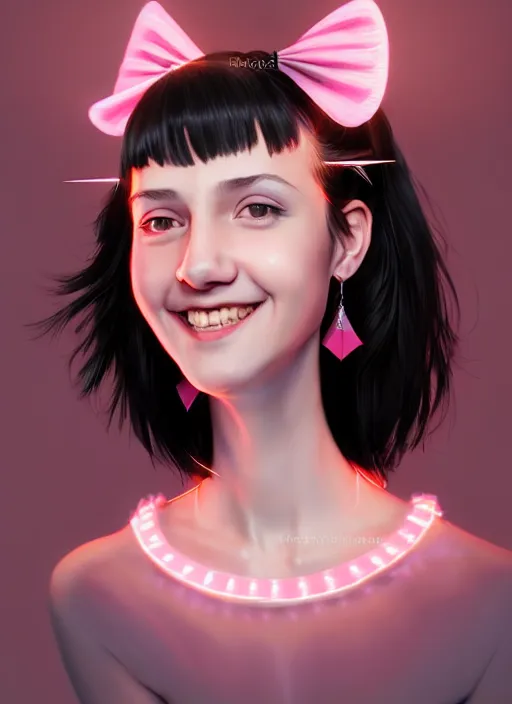 Image similar to portrait of high school girl, realistic, black hair, bangs, half updo hairstyle, pointy nose, skinny, smile, ugly, defined jawline, big chin, pink hair bow, earrings, intricate, elegant, glowing lights, highly detailed, digital painting, artstation, sharp focus, illustration, art by wlop, mars ravelo and greg rutkowski